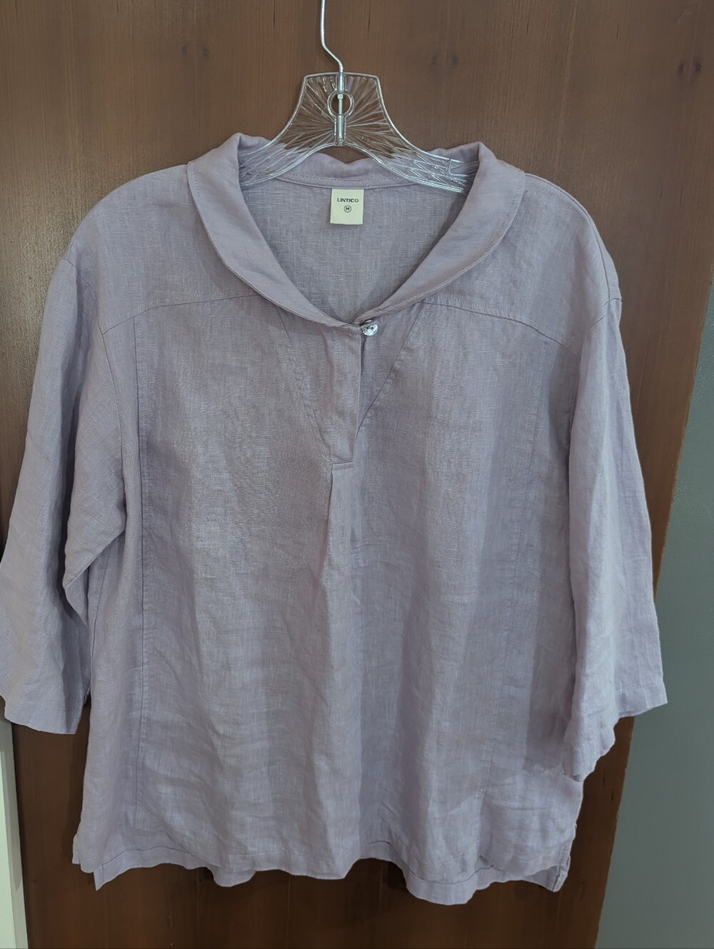 Lintico Shirt 100% Linen Lavender Purple 3/4 Slv Split V Neck Popover Top Sz M